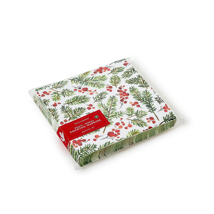 20 Merry Berry paper cocktail napkins with green spruce and red berry pattern.
