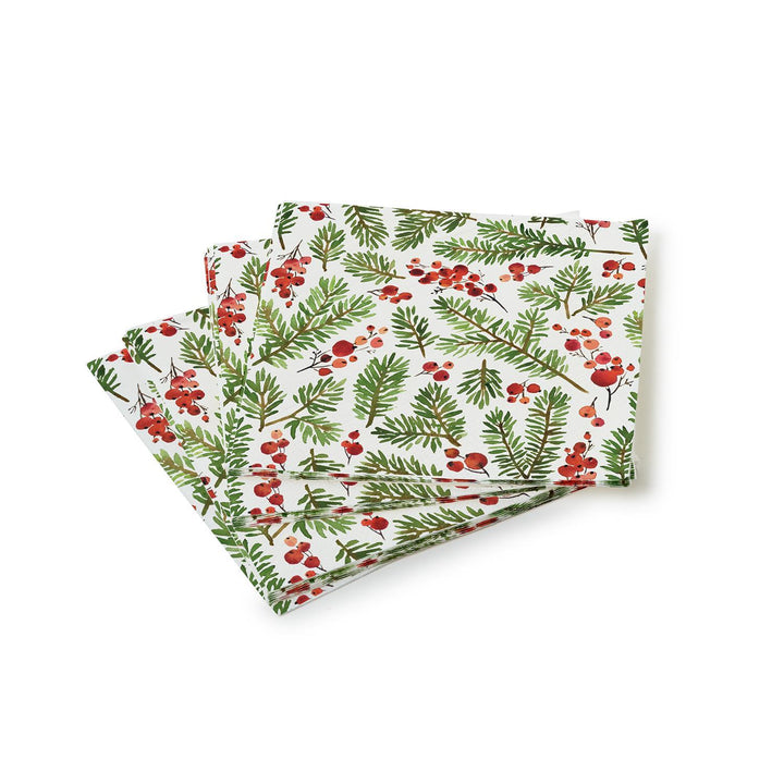 Merry Berry paper cocktail napkins with watercolor pine branches and red berries.