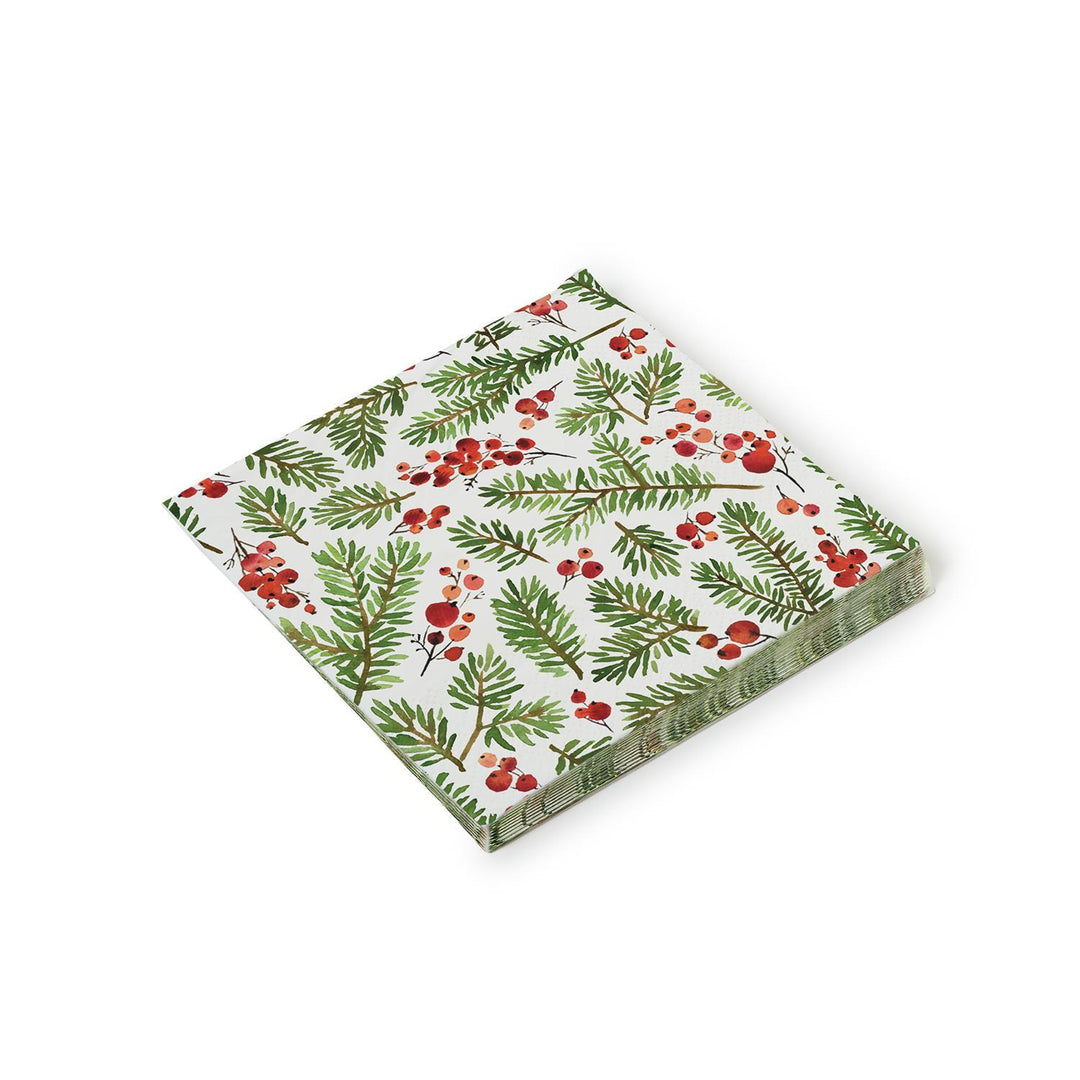 Merry Berry Paper Cocktail Napkins, square with watercolor pine branch and red berry pattern.