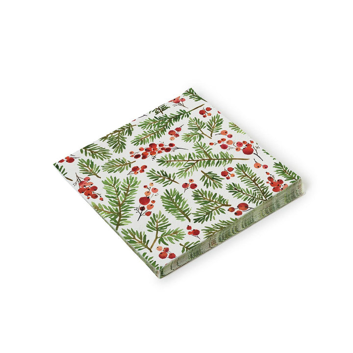 Merry Berry Paper Cocktail Napkins, square with watercolor pine branch and red berry pattern.