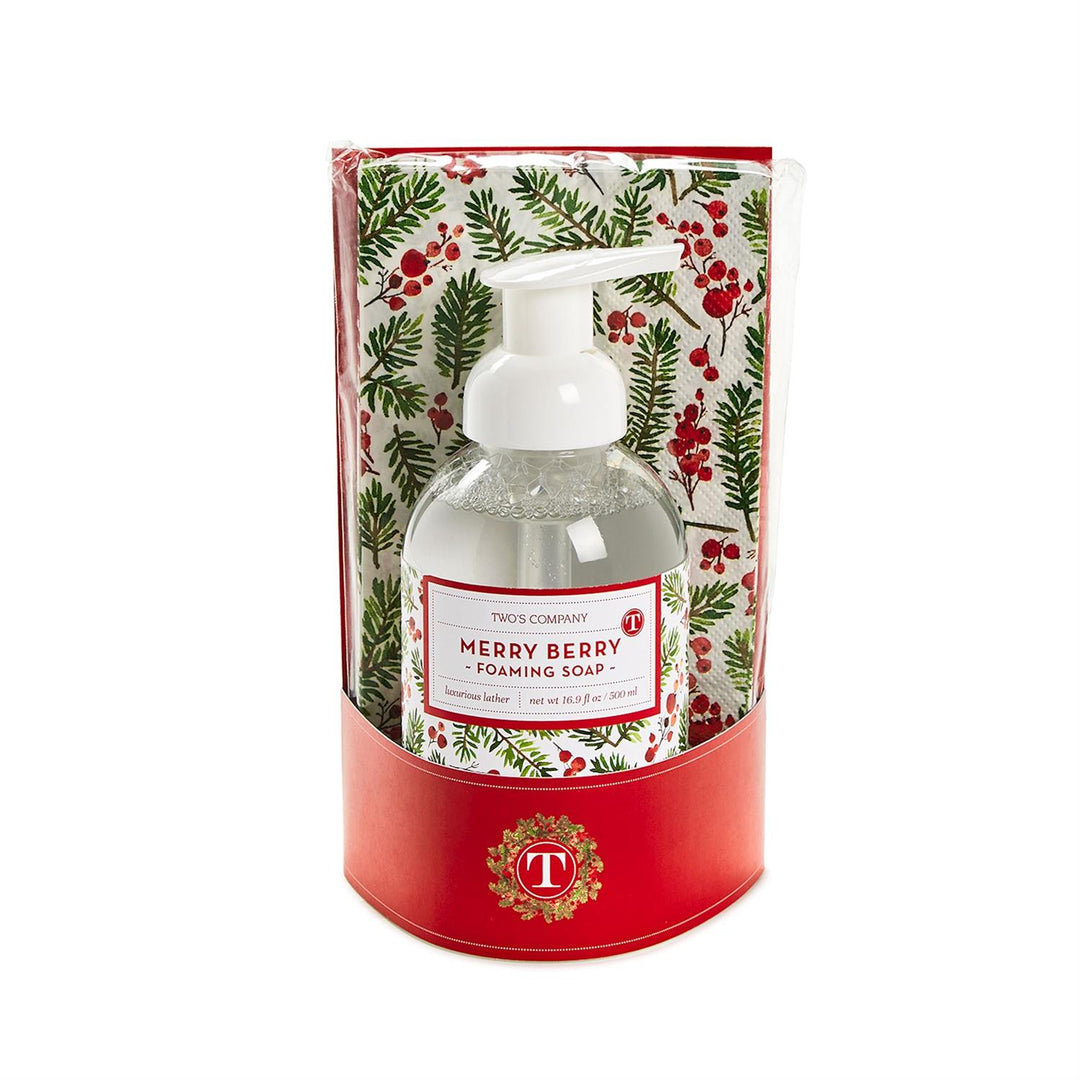 Merry Berry Fraser Fir Scented Foaming Soap and 20-piece guest towel set in a clear pump bottle and red cardboard sleeve.