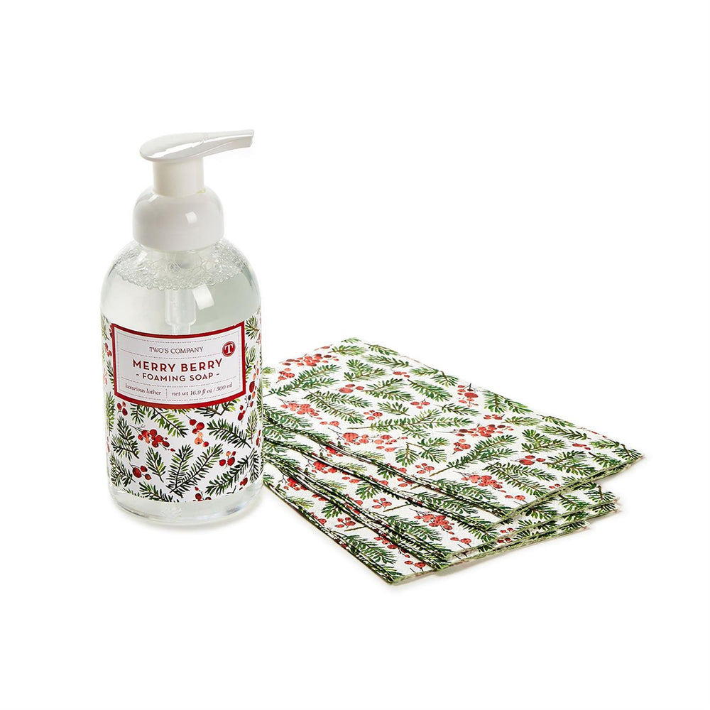 Merry Berry Fraser Fir Scented Foaming Soap in a clear plastic bottle and paper guest towels, both with a green fir needle and red berry pattern.