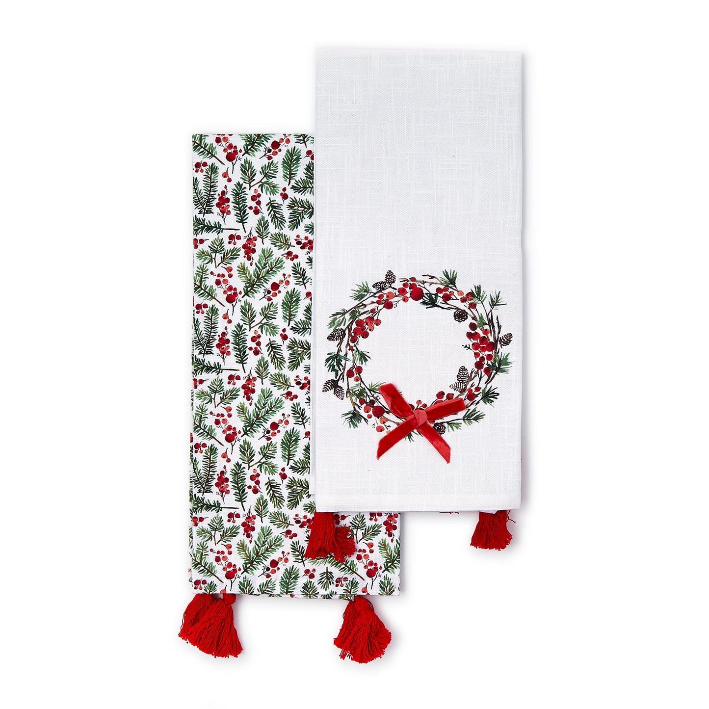 Merry Berry Set of 2 Dish Towels with Velvet Bow Accent and Tassels