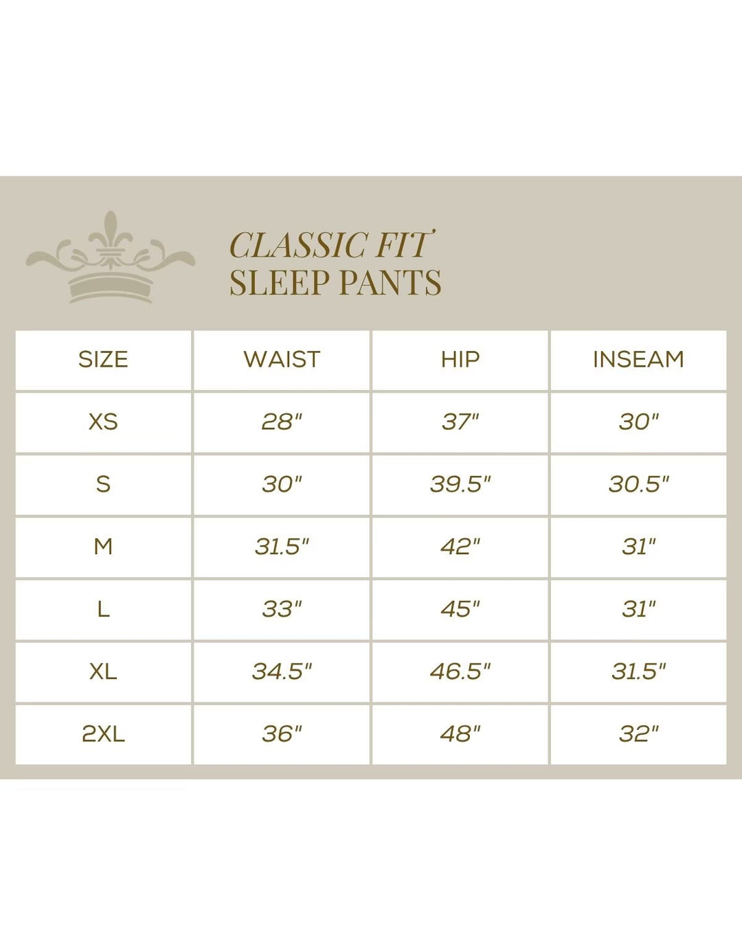 Size chart for Emily Short Sleeve Button Up and Sleep Pant Set, showing waist, hip, and inseam measurements for sizes XS to 2XL.