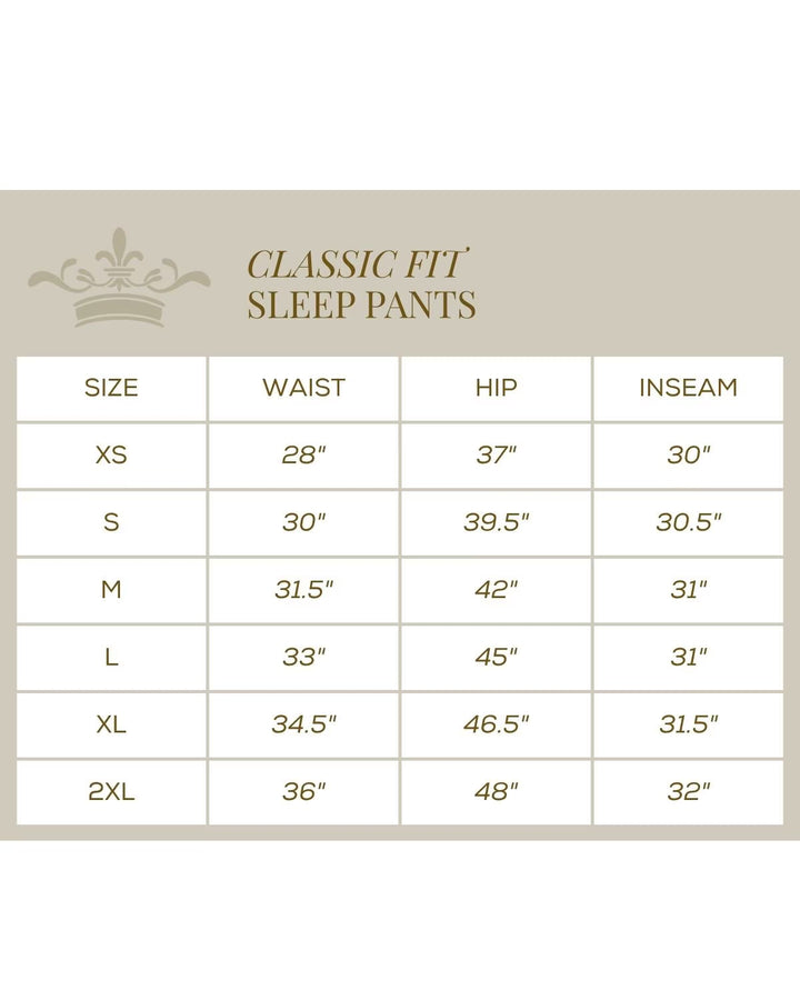 Size chart for Emily Short Sleeve Button Up and Sleep Pant Set, showing waist, hip, and inseam measurements for sizes XS to 2XL.