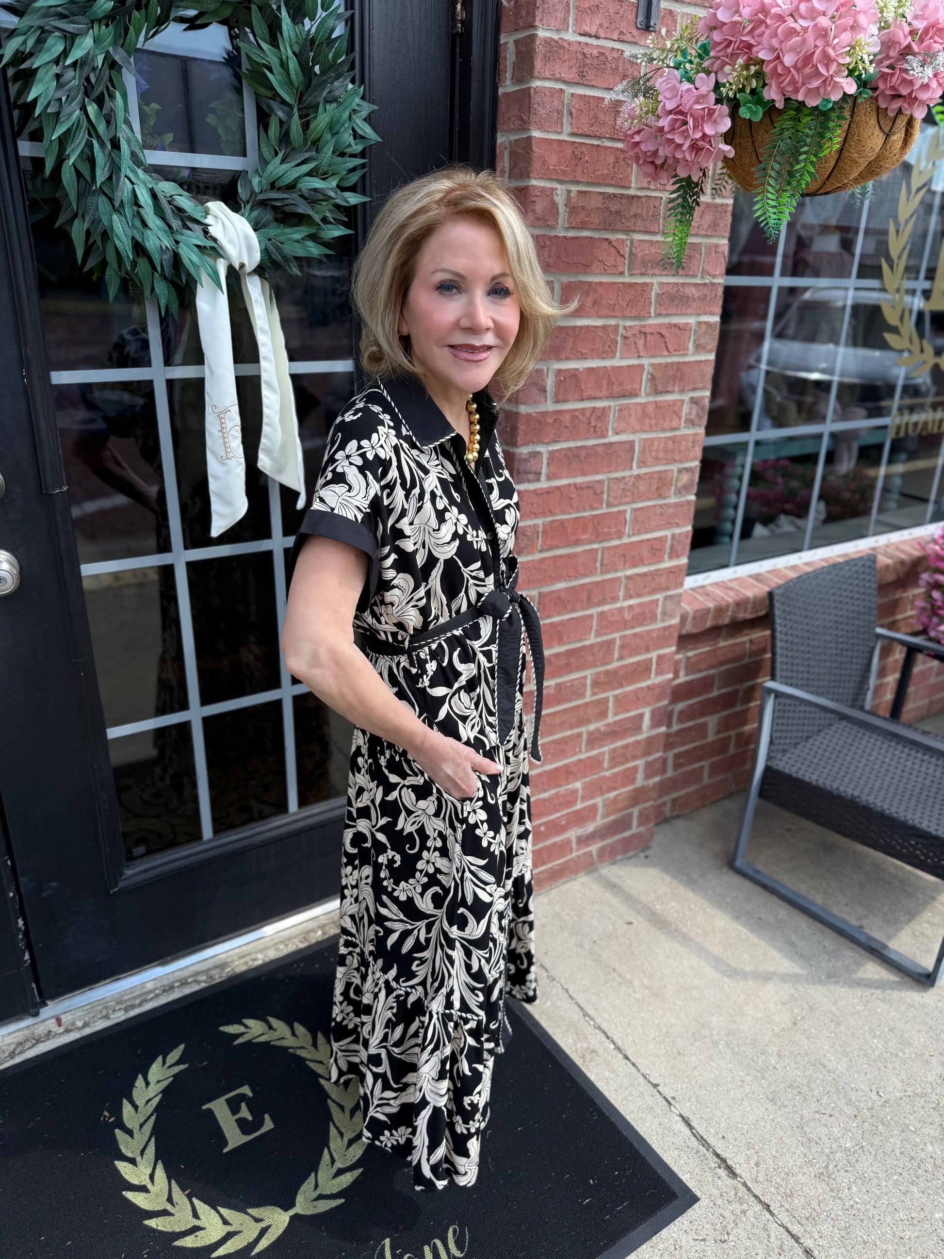 Dolman Sleeve Midi Dress in black and white leaf print; available in sizes XS-XL.