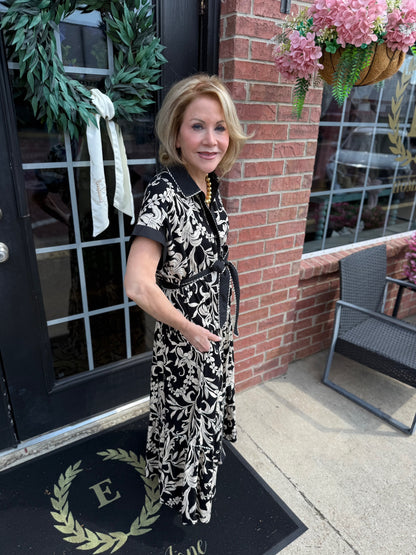Dolman Sleeve Midi Dress in black and white leaf print; available in sizes XS-XL.