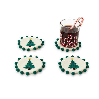 Set of 4 Hand-Crafted Felt Coasters with Pom-Pom