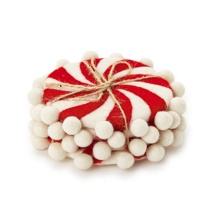 Set of 4 hand-crafted felt coasters with pom-pom, red and white spiral pattern, white pom-pom border, tied with twine.