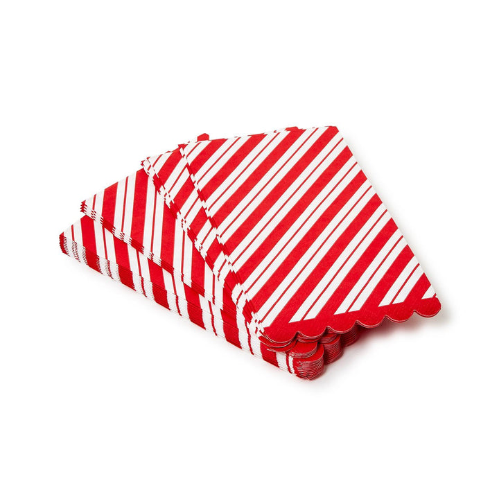 Peppermint Twist 3-ply paper dinner napkins and guest towels with red and white candy cane stripes and scalloped edges.