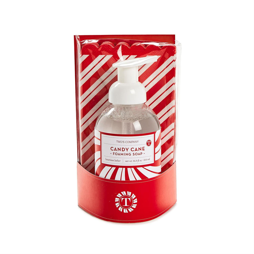 Peppermint foaming soap and 20-piece candy cane stripe guest towel set in a red cardboard sleeve.