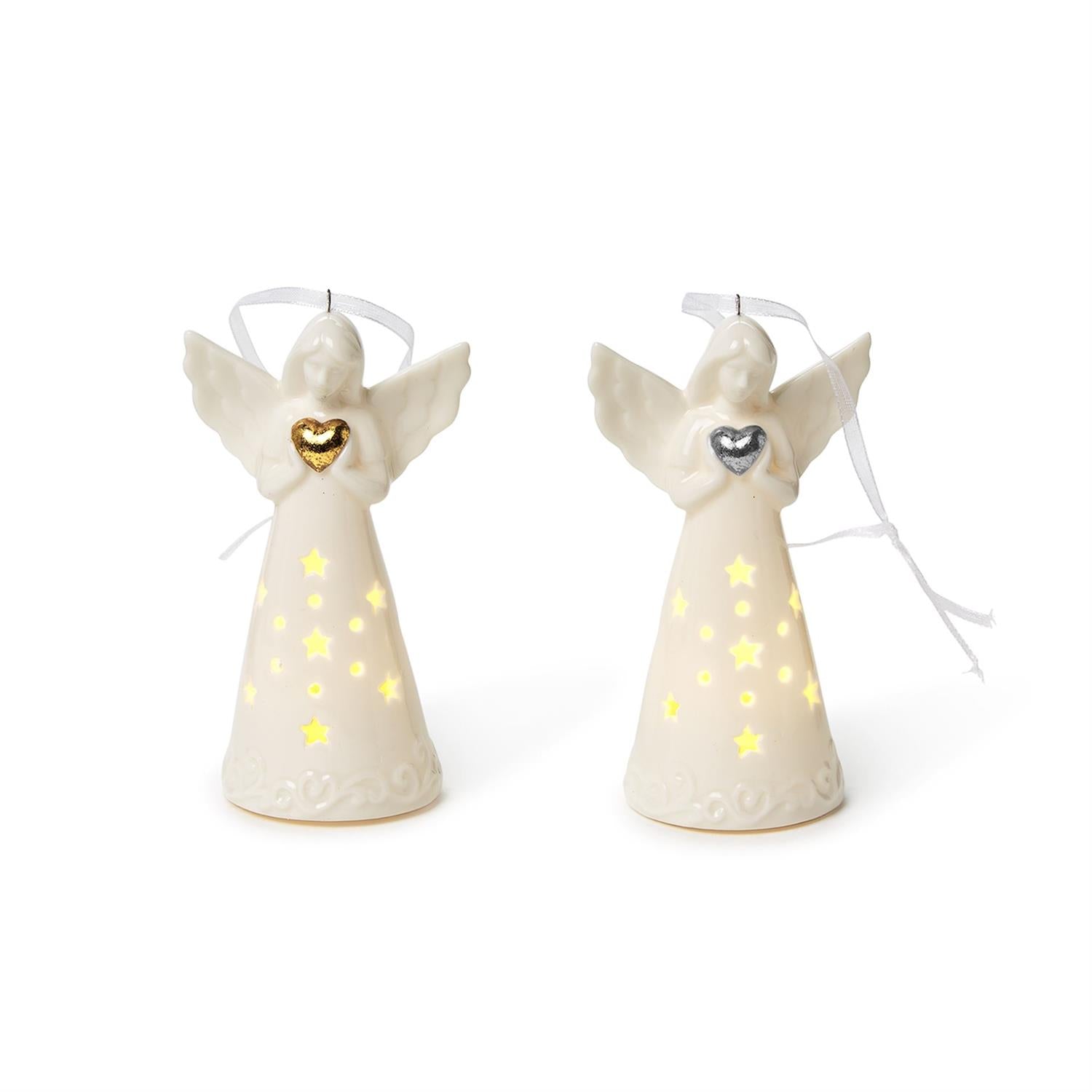 Guardian Angel LED Ornaments feature white ceramic angels with illuminated star patterns. One holds a gold heart; the other a silver heart. Suspended from white ribbons.