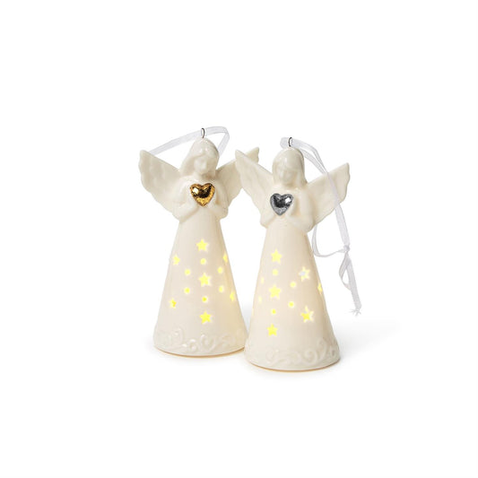 The Guardian Angel LED Ornaments are ceramic angels with glowing yellow stars, heart-shaped ornaments in gold and silver, and elegant white ribbons. They emit a warm glow ideal for a White Christmas. Available in one standard size.