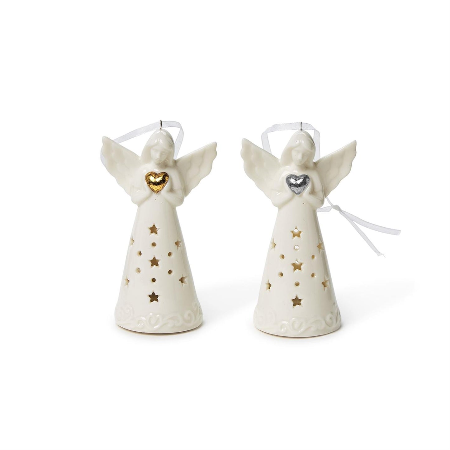 Guardian Angel LED Ornaments feature two white angels with star-pattern cut-outs. One holds a gold heart, the other a silver heart. Includes a white ribbon for hanging.