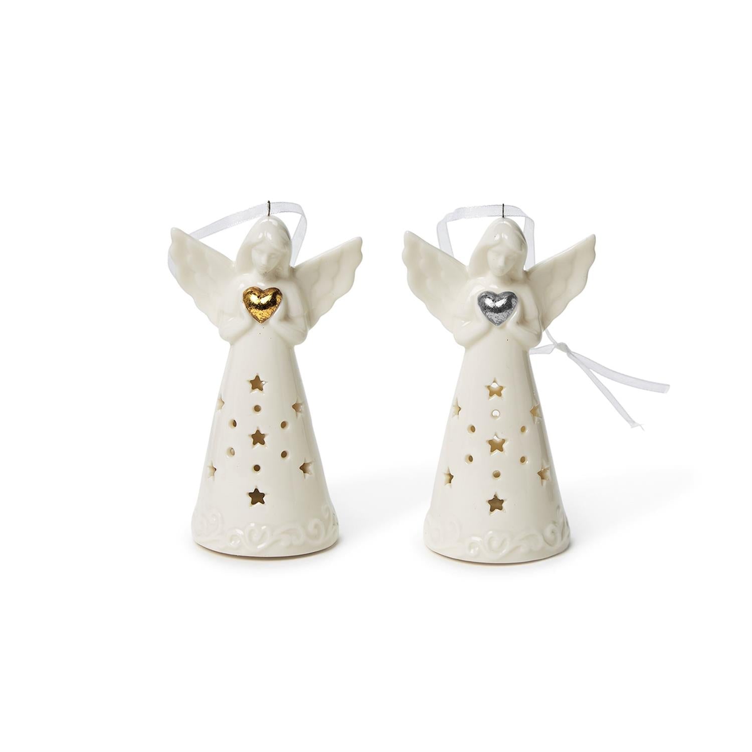 Guardian Angel LED Ornaments feature two white angels with star-pattern cut-outs. One holds a gold heart, the other a silver heart. Includes a white ribbon for hanging.