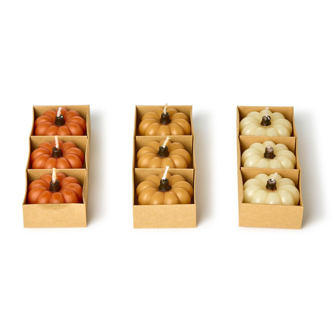 Set of six mini pumpkin candles in orange, tan, and cream. Gift boxed. Sizes not specified.