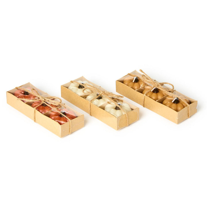 Mini pumpkin candles in orange, white, and brown in gift boxes with twine. Available sizes: assorted. Set of 3 colors.