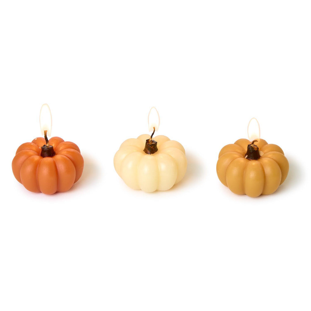 Mini Pumpkin Candles in Gift Box, three assorted colors: orange, cream, brown. Available in mini size.