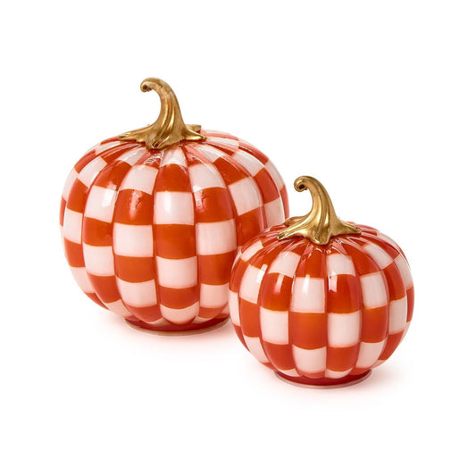 Checkered orange and white LED pumpkins with gold stems, available in two sizes. Red-and-white check pattern.