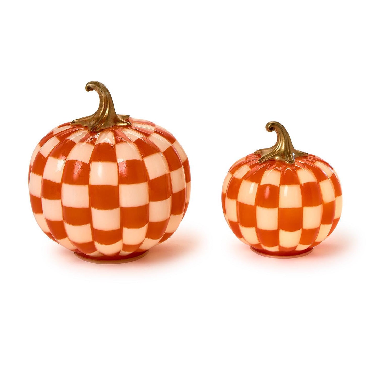 Checkered orange and white LED pumpkins with gold stems, available in large and small sizes.