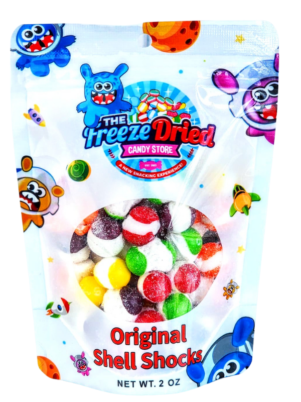 Freeze Dried Shell Shocks: Sour Wild Berry in a colorful 4 oz pouch with window showing assorted crunchy berry snacks.