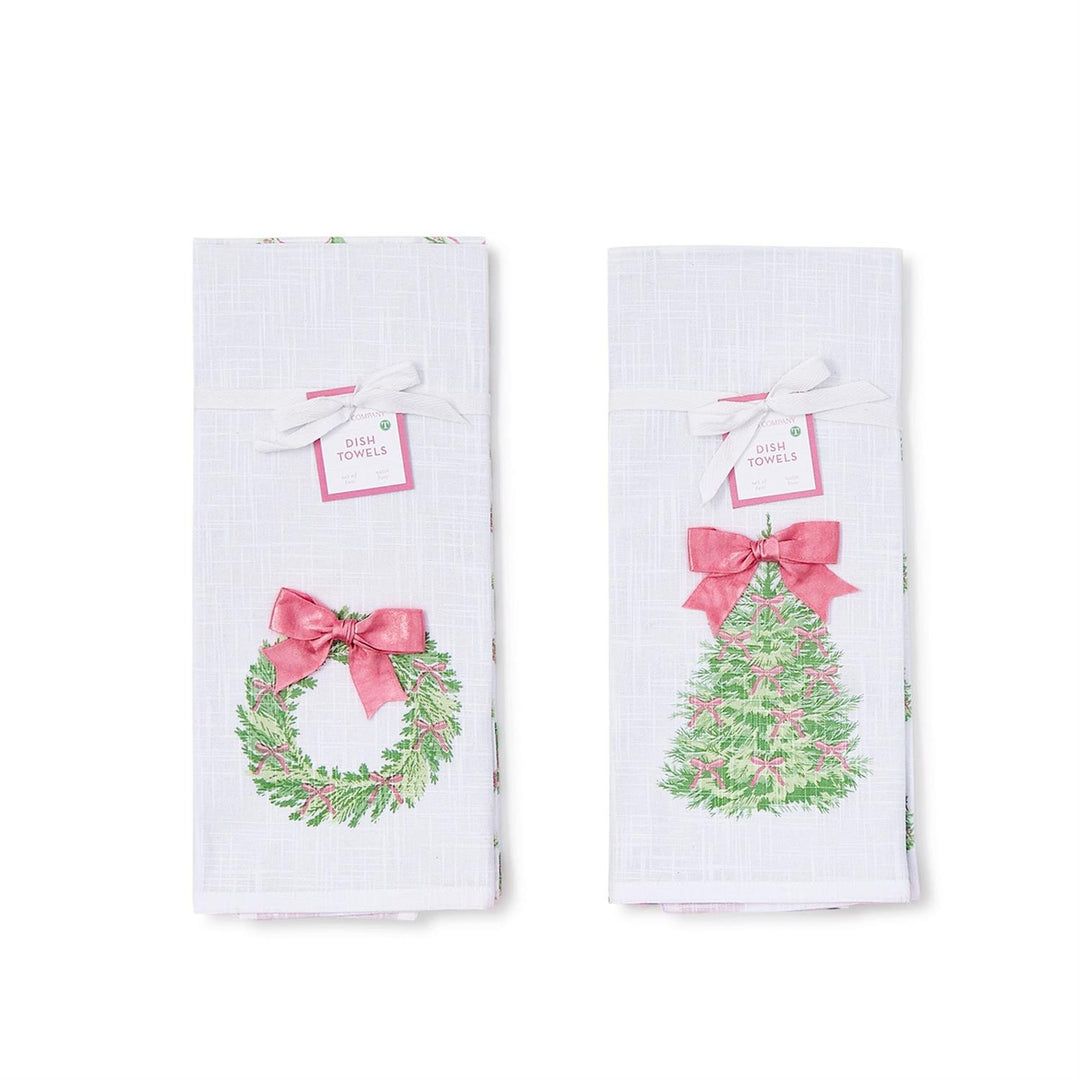 Bow-tiful Set of 2 Dish Towels with Satin Bow Accent, featuring two white holiday towels with a green wreath and a green Christmas tree, each with a pink satin bow.