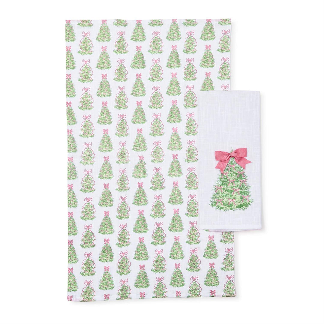 Bow-tiful Set of 2 Dish Towels with Satin Bow Accent; one towel with green Christmas tree print and pink bows, one towel with a single tree and large pink satin bow.