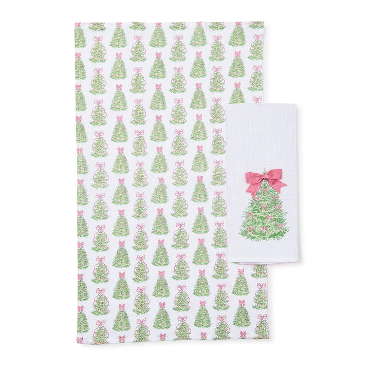 Bow-tiful Set of 2 Dish Towels with Satin Bow Accent; one towel with green Christmas tree print and pink bows, one towel with a single tree and large pink satin bow.