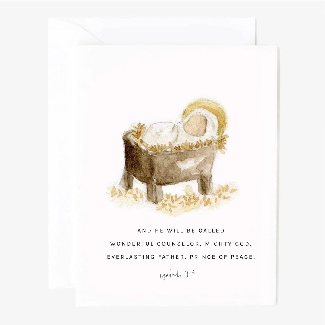 Christmas scripture notecard set with watercolor card of baby Jesus in manger, Isaiah 9:6 verse. Sizes available.