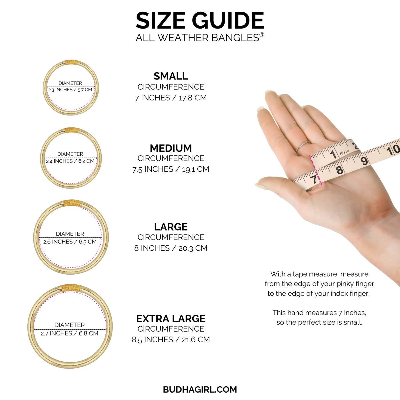 Tape measure shows 7 inches for sizing the Three Kings All Weather Bangles | Kelly. Available in Small, Medium, Large, and Extra Large with specified diameters and circumferences for accurate fit. Concise measurement guide included.