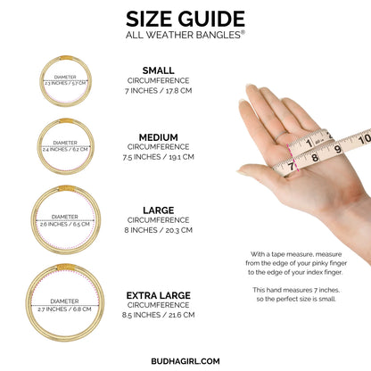 Tape measure shows 7 inches for sizing the Three Kings All Weather Bangles | Kelly. Available in Small, Medium, Large, and Extra Large with specified diameters and circumferences for accurate fit. Concise measurement guide included.
