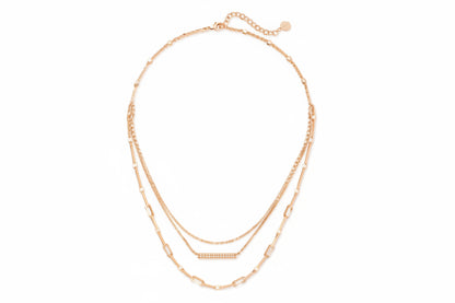 Triple strand gold necklace with light blue stone bar pendant. Available sizes: 16", 18", 20".