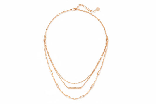 Triple strand gold necklace with light blue stone bar pendant. Available sizes: 16", 18", 20".