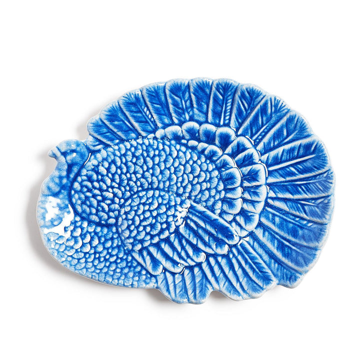 Blue reactive glaze turkey-shaped stoneware platter.