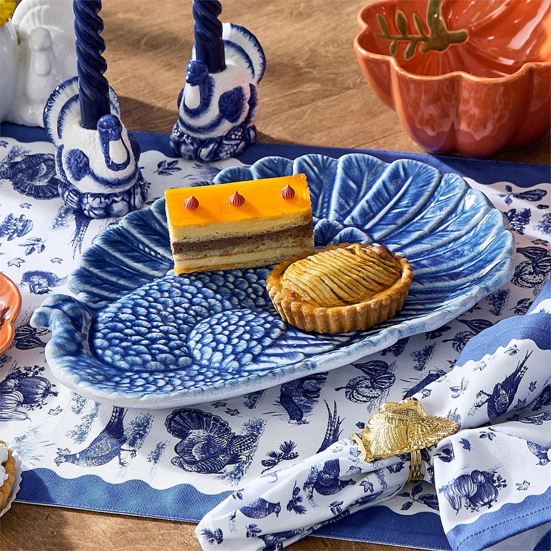 Blue Reactive Glaze Turkey Platter in blue stoneware with a textured glaze.