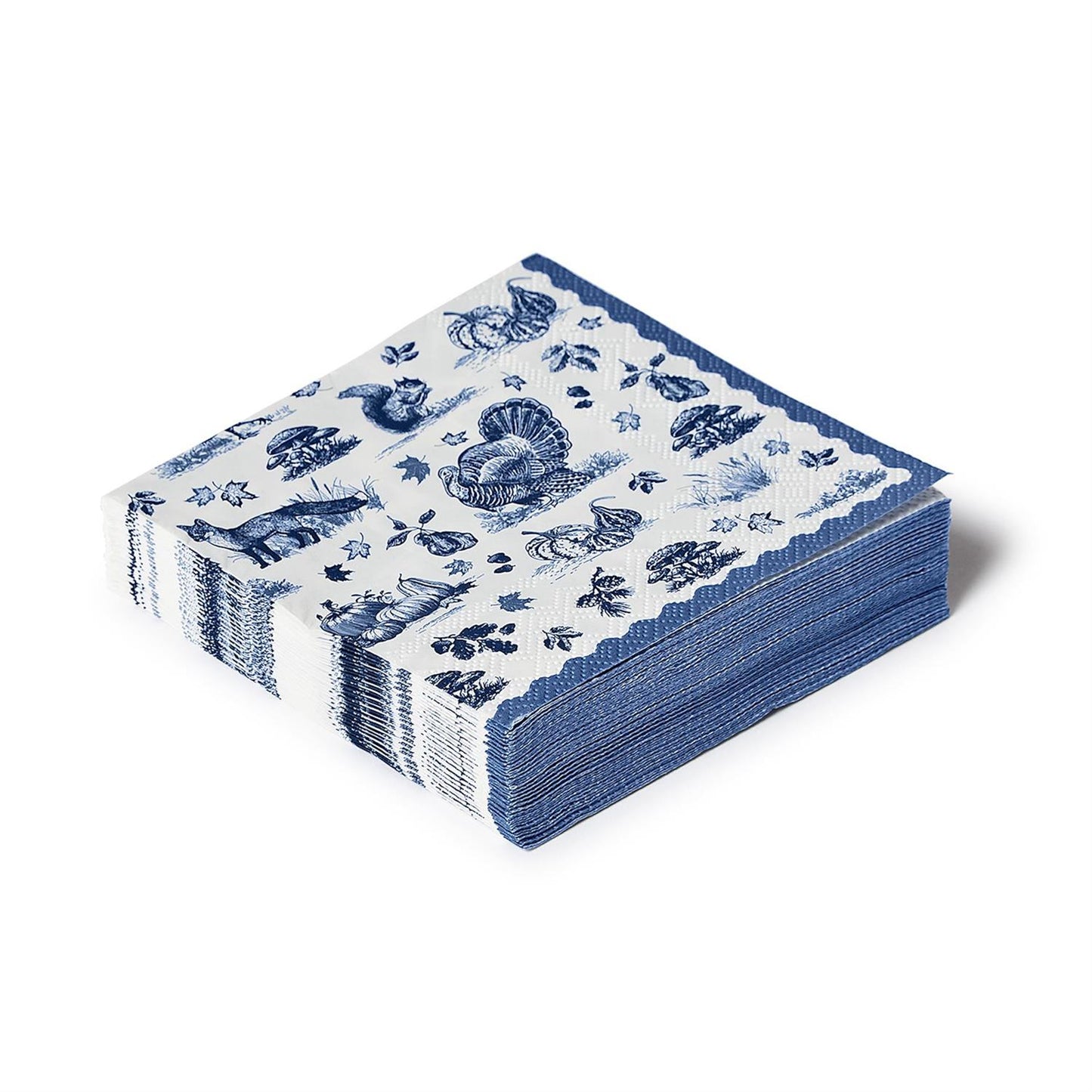 Stack of white paper napkins with blue edges and blue autumn motifs, including pumpkins and leaves; available in multiple sizes.
