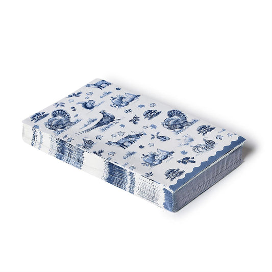 Falling for Blue Toile Paper Napkins with blue bird, flower, and nature designs on white paper. Available in cocktail (5″x5″) and luncheon (6.5″x6.5″) sizes.