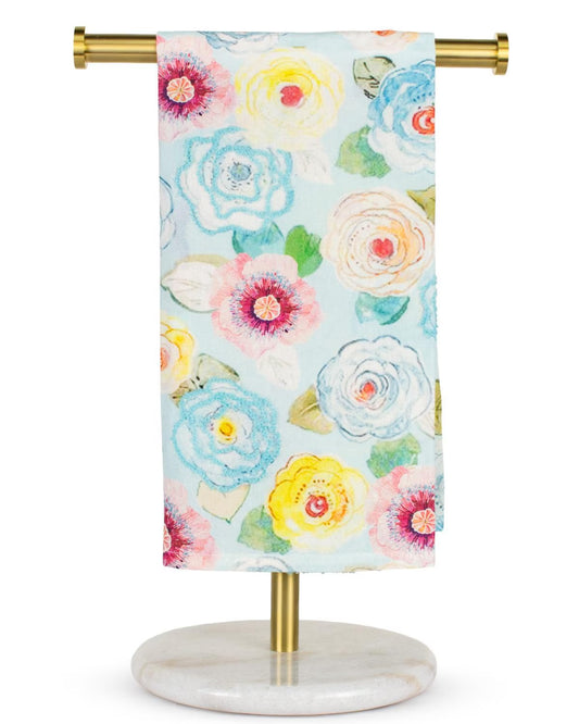 Elaine Hand Towel with pink, yellow, and blue watercolor floral pattern. Available in standard hand towel size.