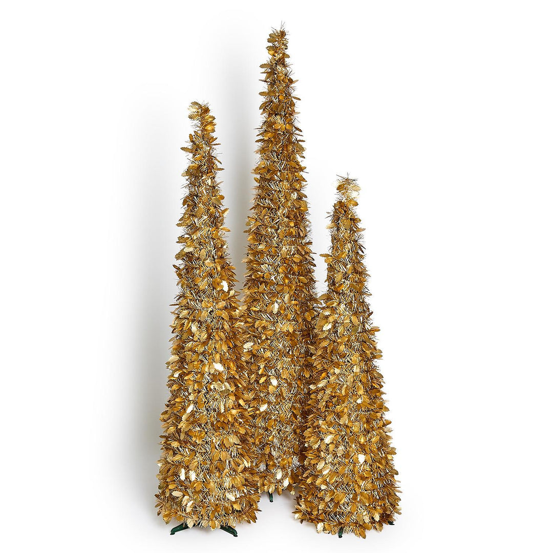 Three metallic gold, conical Tinsel &amp; Holly Collapsible Metallic Trees in 3 sizes.