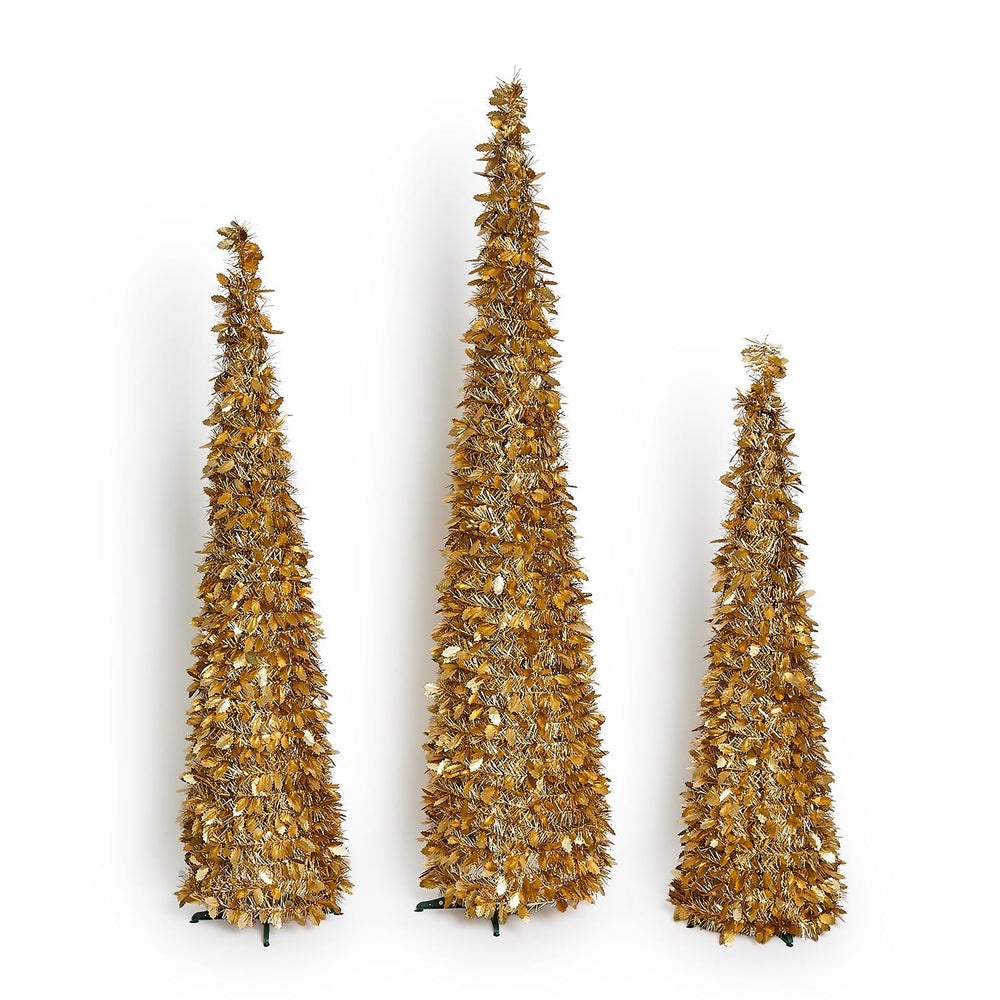 Tinsel & Holly Collapsible Metallic Trees in small, medium, and large metallic gold conical sizes.