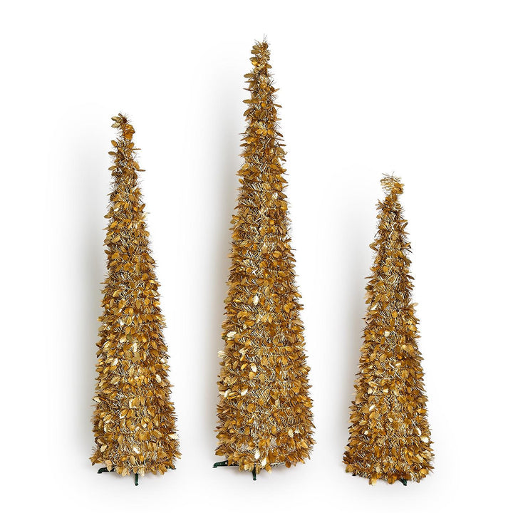 Tinsel &amp; Holly Collapsible Metallic Trees in small, medium, and large metallic gold conical sizes.