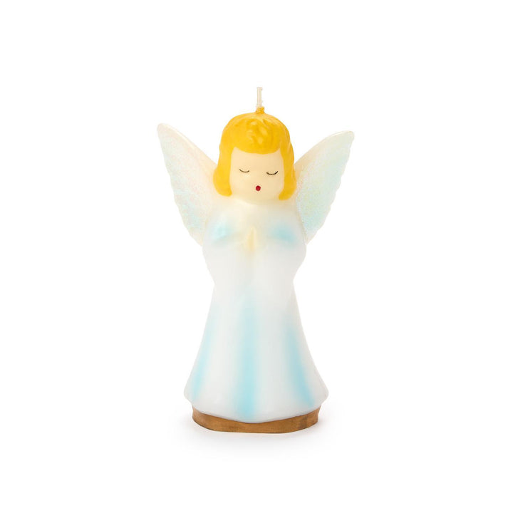 Guardian Angel candle with yellow hair, iridescent wings, and prayer hands.