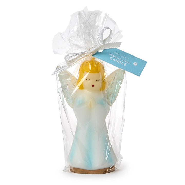 Angel-shaped Guardian Angel Candle wrapped in clear cellophane with a white ribbon and a blue tag.