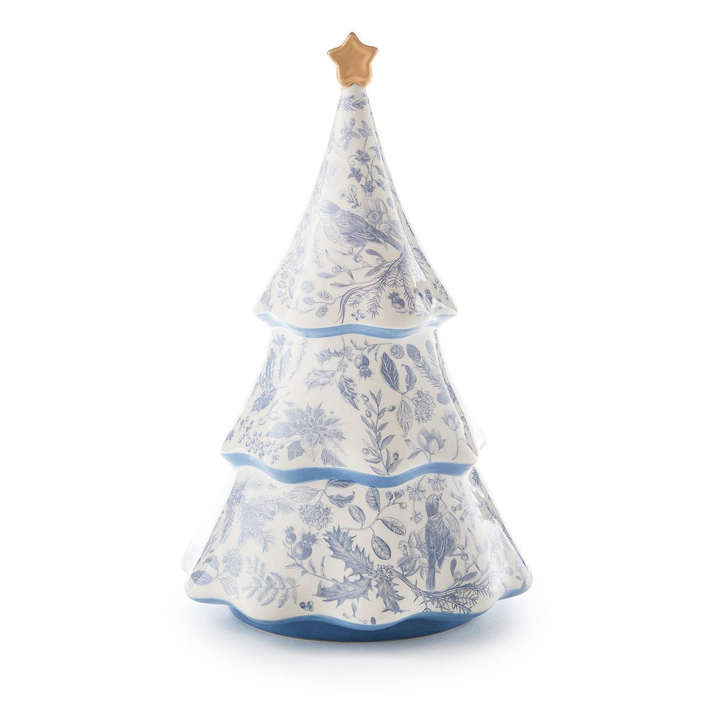 Gilded Cottage Christmas Tree figurine with a blue botanical pattern and a gold star topper.