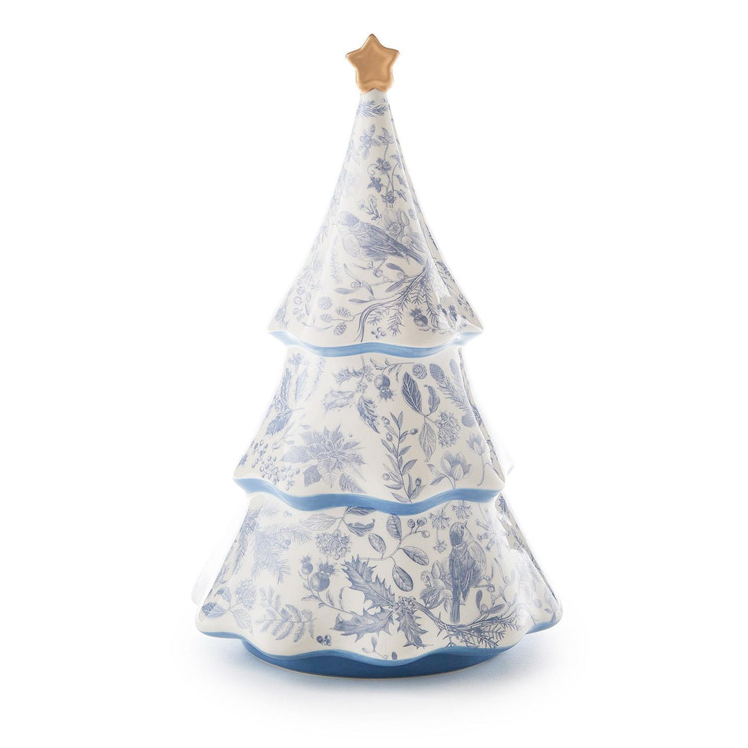 Gilded Cottage Christmas Tree figurine with a blue botanical pattern and a gold star topper.