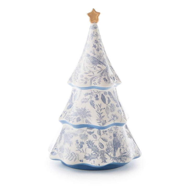 Gilded Cottage Christmas Tree figurine with a blue botanical pattern and a gold star topper.
