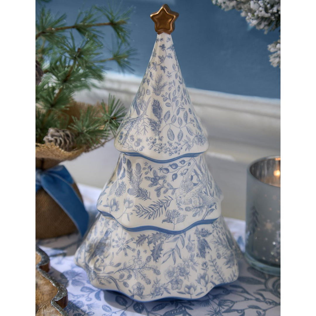 Gilded Cottage ceramic Christmas tree figurine with blue botanical pattern and gold star topper. Available in multiple sizes.