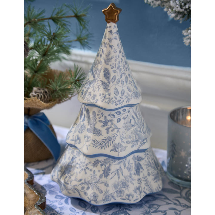 Gilded Cottage ceramic Christmas tree figurine with blue botanical pattern and gold star topper. Available in multiple sizes.