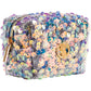 Small sequin emergency kit bag with gold zipper and emblem. Iridescent multicolored. Available in one size.