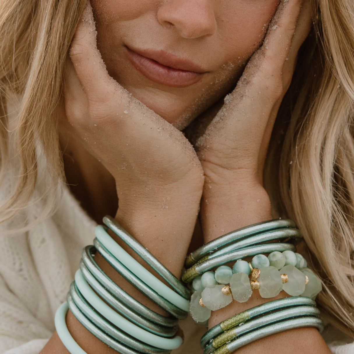 Mint All Weather Bangles® Set of 6 | Serenity Prayer by BuDhaGirl shown in available sizes Small, Medium, Large.